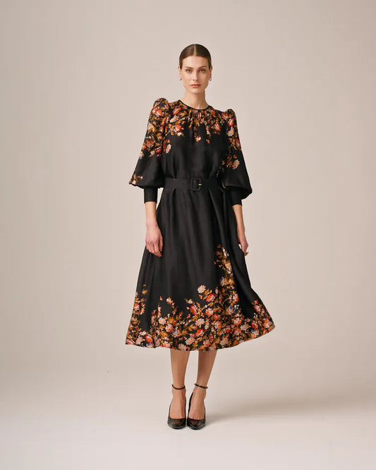 Satin Midi Dress Midnight Blossom