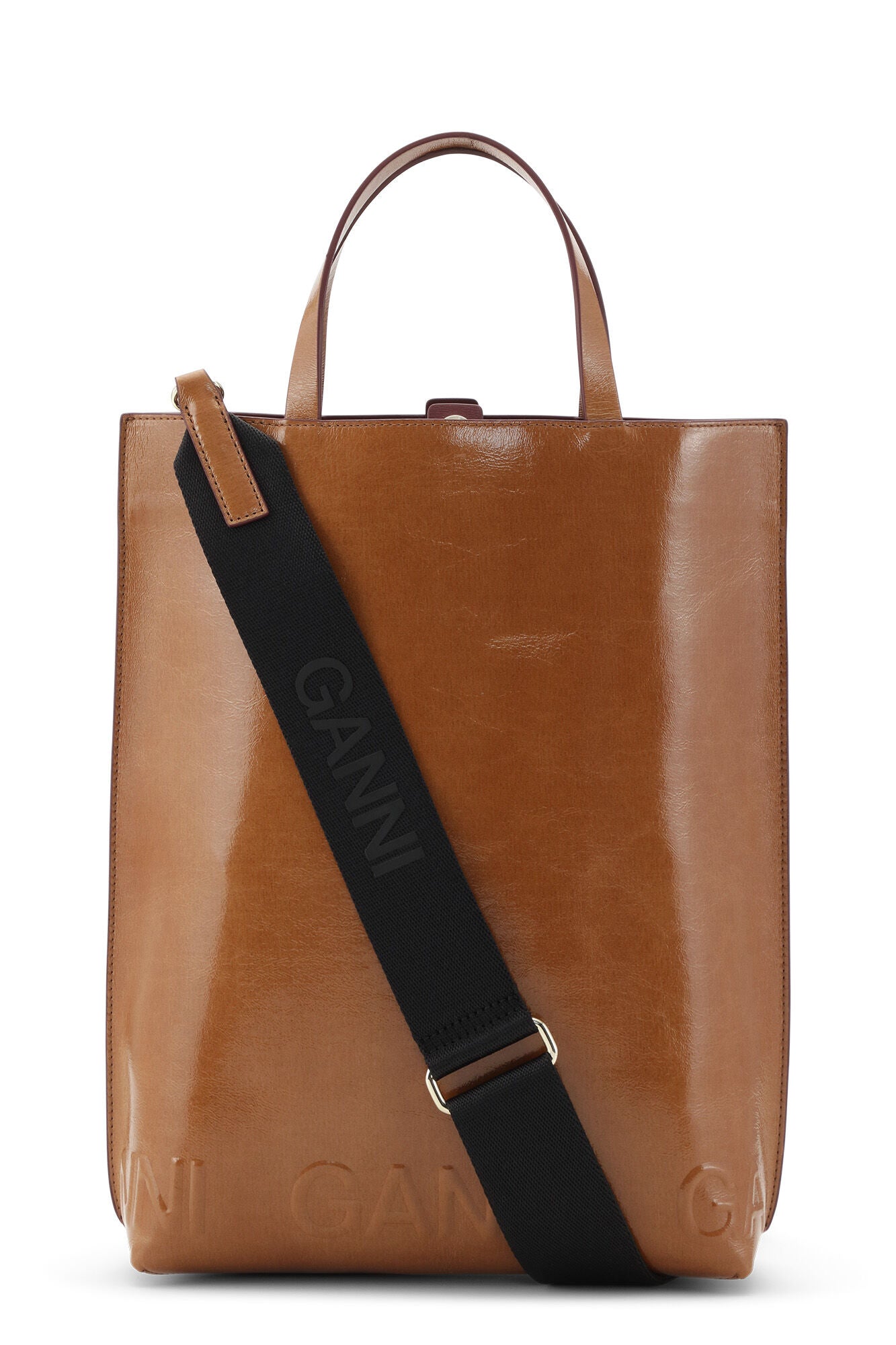 Ganni Banner Medium Tote Strap Naplack Caramel Café - hvittrad.no