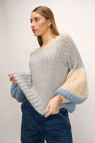 Noella Liana Knit Sweater Dusty Blue Cream - hvittrad.no