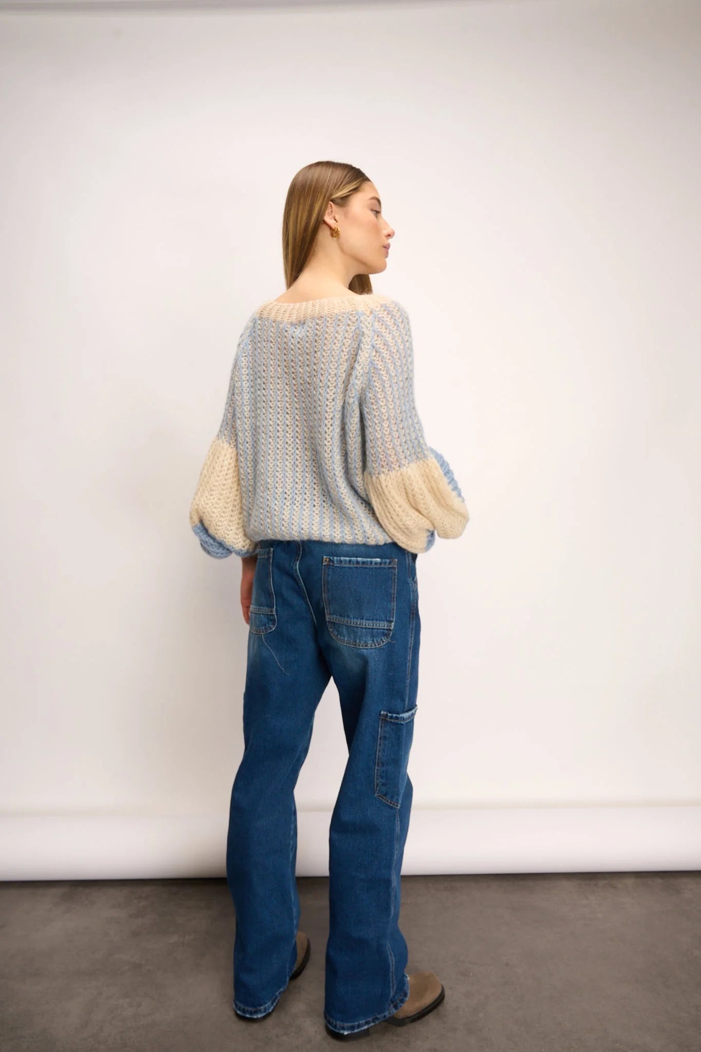 Noella Liana Knit Sweater Dusty Blue Cream - hvittrad.no