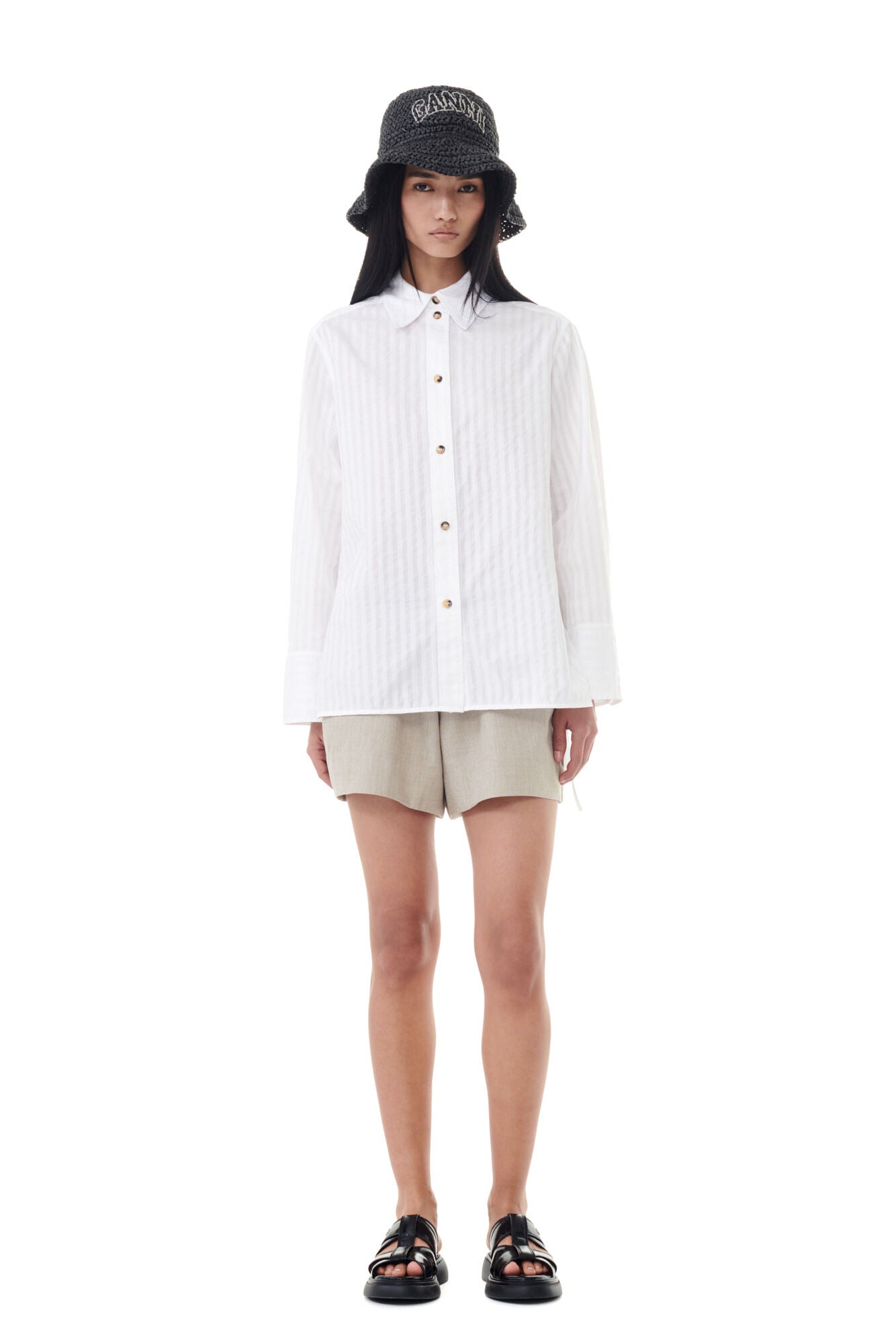 Ganni Tonal Stripe Oversized Shirt Bright White - hvittrad.no