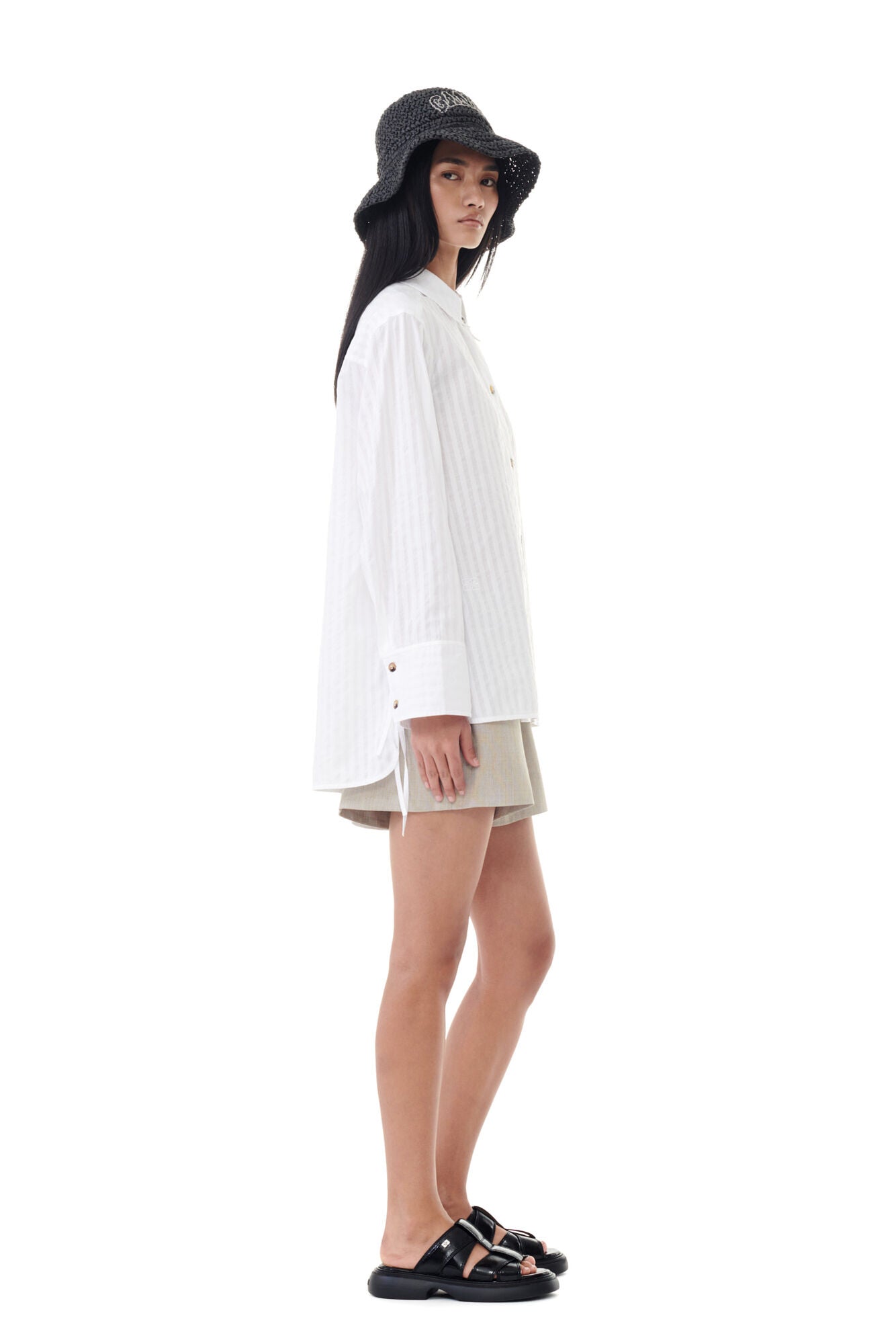 Ganni Tonal Stripe Oversized Shirt Bright White - hvittrad.no