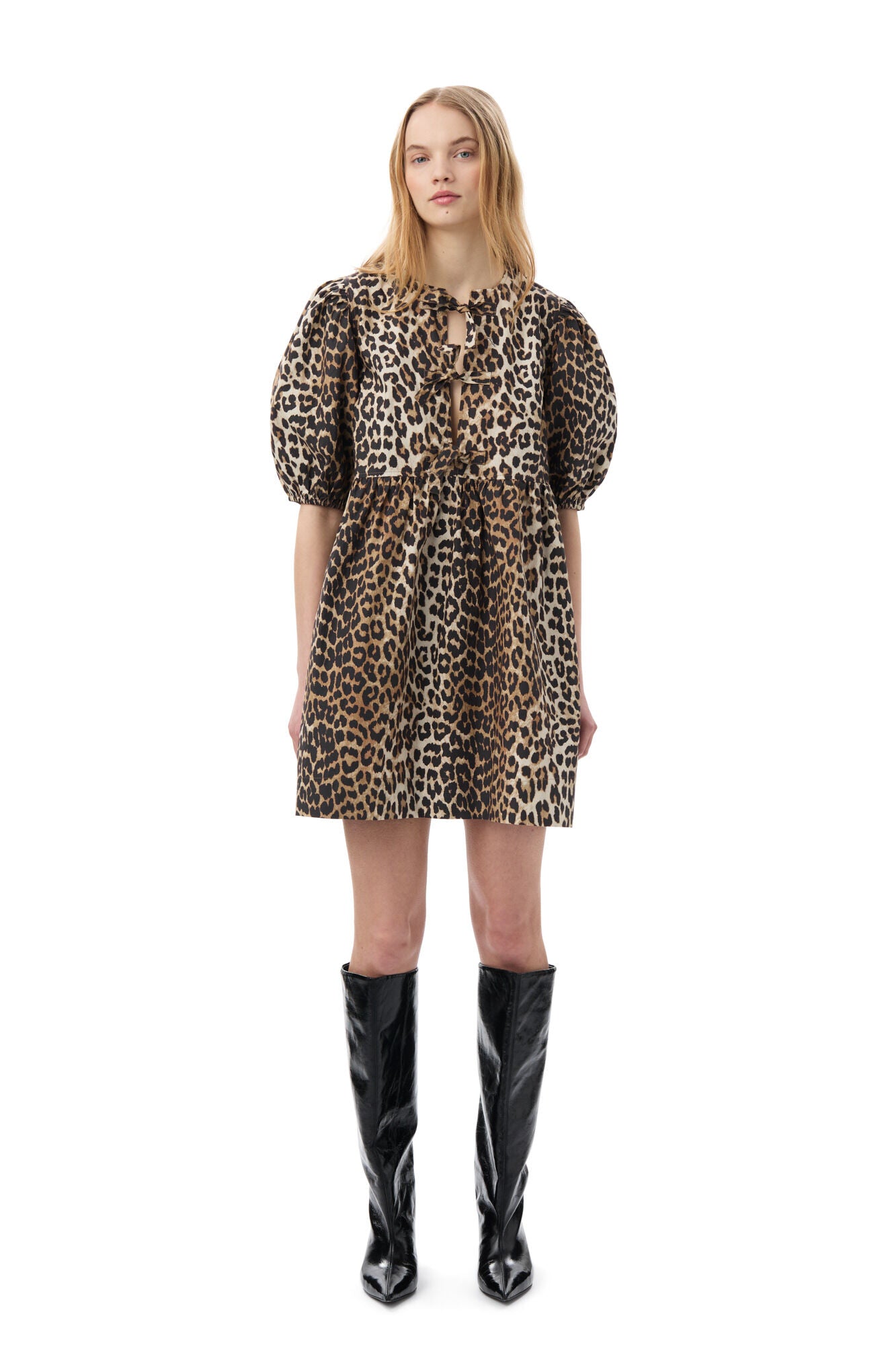 GANNI Printed Cotton Tie String Mini Dress Leopard - hvittrad.no