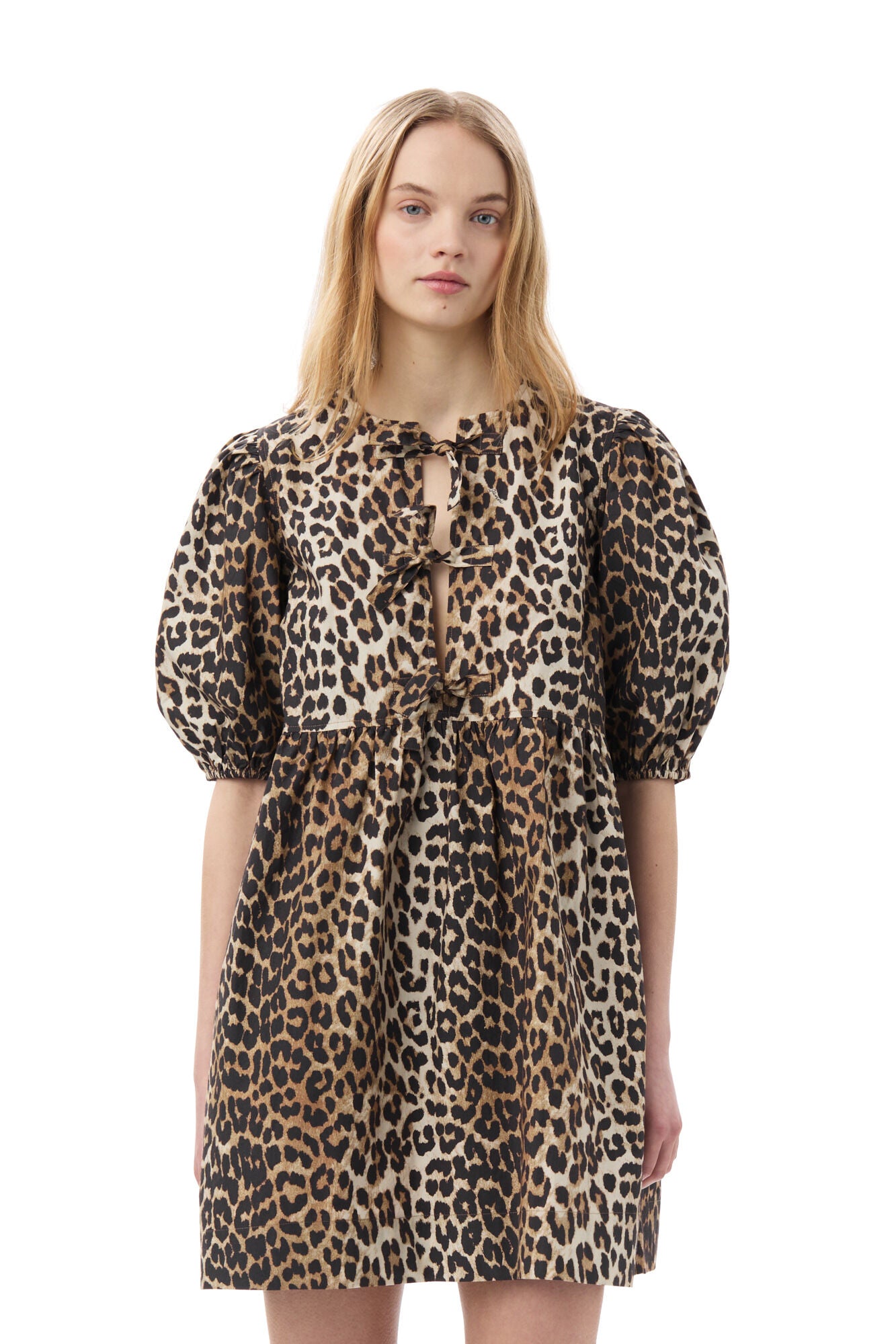 GANNI Printed Cotton Tie String Mini Dress Leopard - hvittrad.no