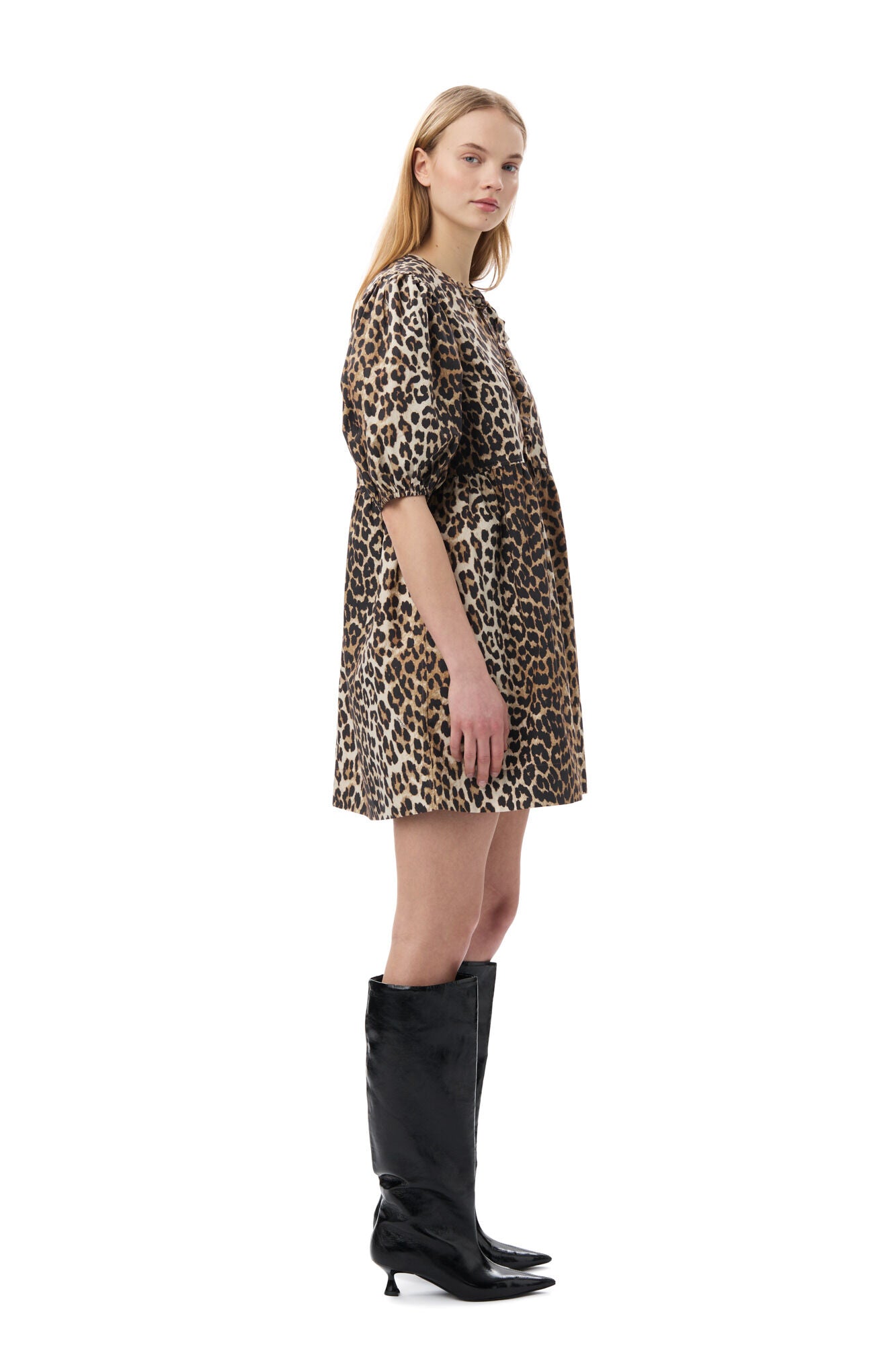 GANNI Printed Cotton Tie String Mini Dress Leopard - hvittrad.no