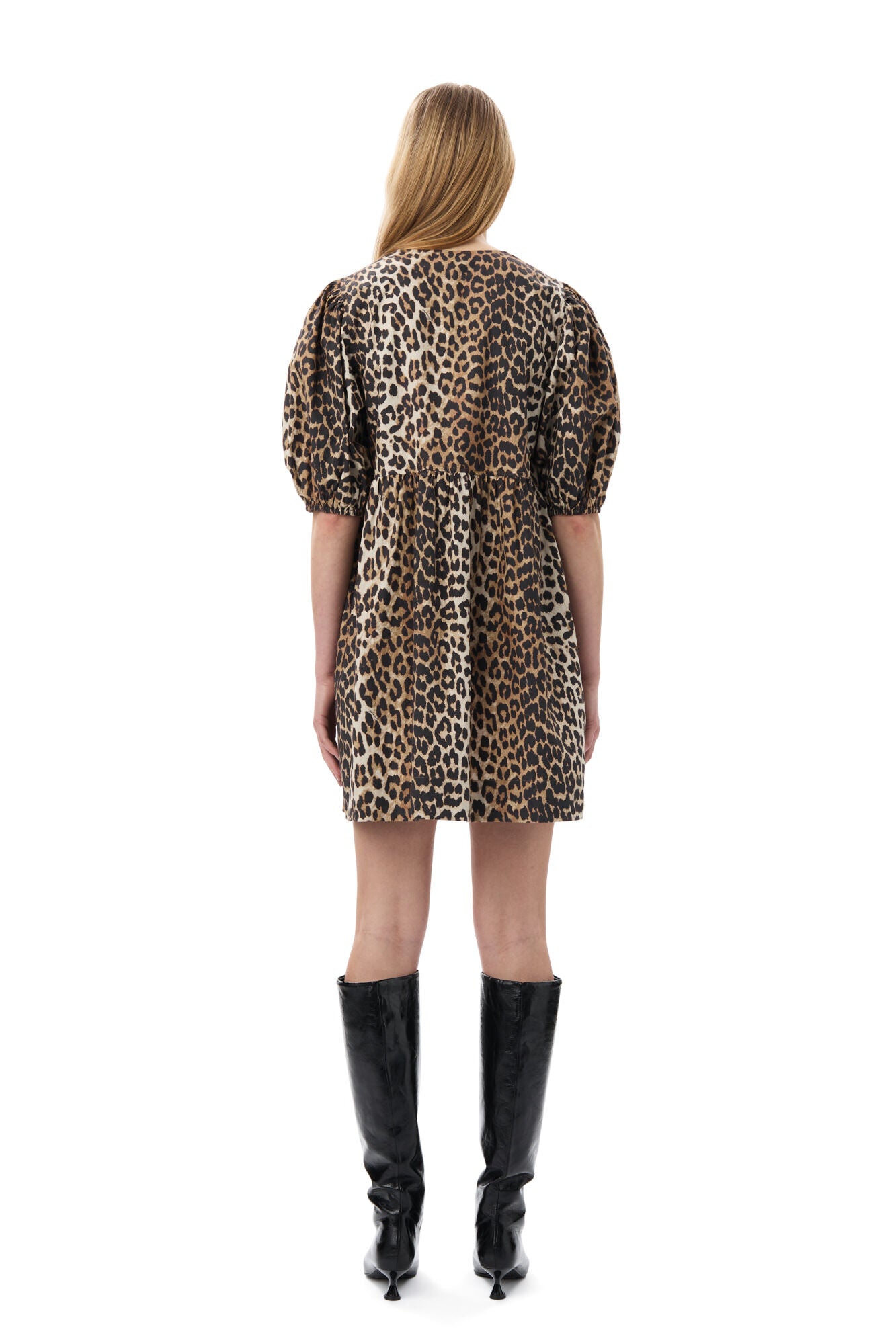 GANNI Printed Cotton Tie String Mini Dress Leopard - hvittrad.no