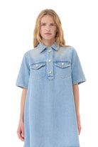 Ganni Heavy Denim Mini Dress Tint Wash - hvittrad.no