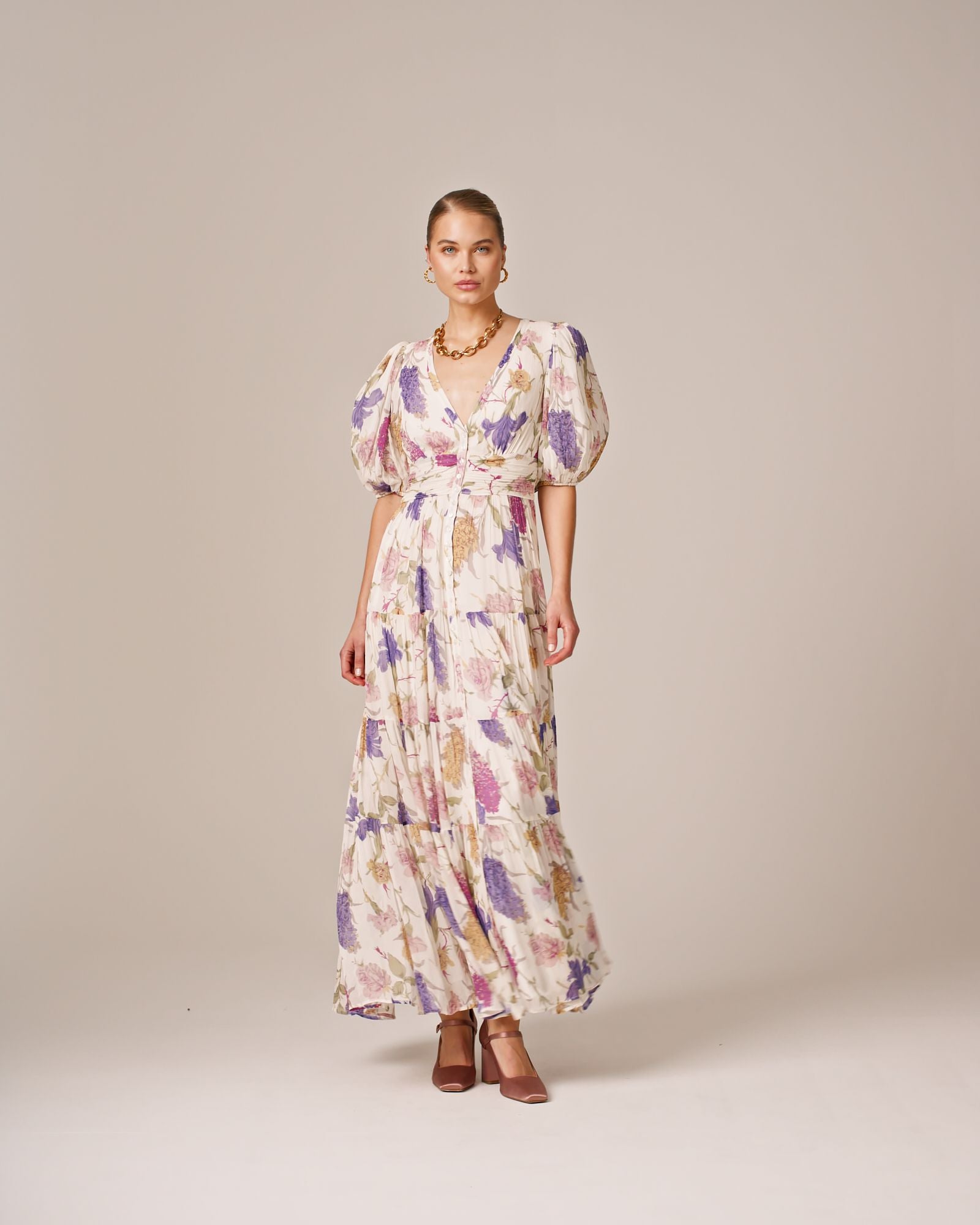 Chiffon Midi Dress Flower Garden – hvit tråd