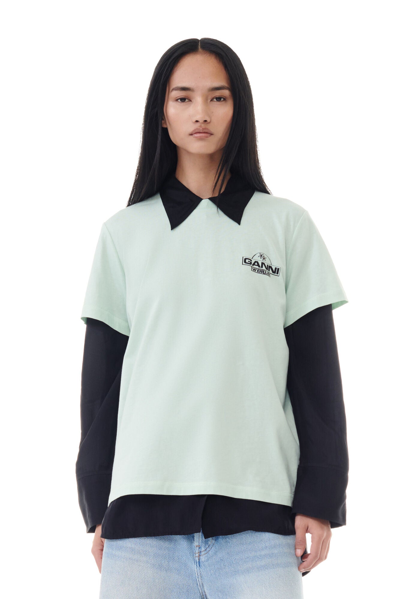 Thin Jersey Ganni World Relaxed T-Shirt Aqua Foam - hvittrad.no