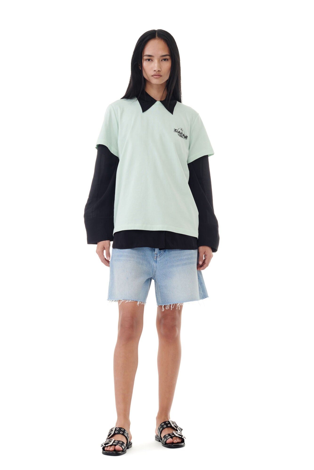 Thin Jersey Ganni World Relaxed T-Shirt Aqua Foam - hvittrad.no