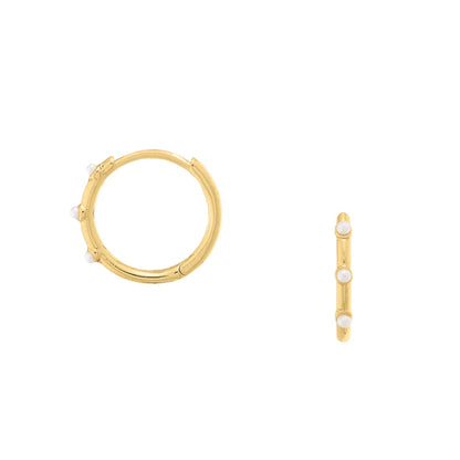 Fine Emerald Pearl Station Huggie Hoop Earrings Gold